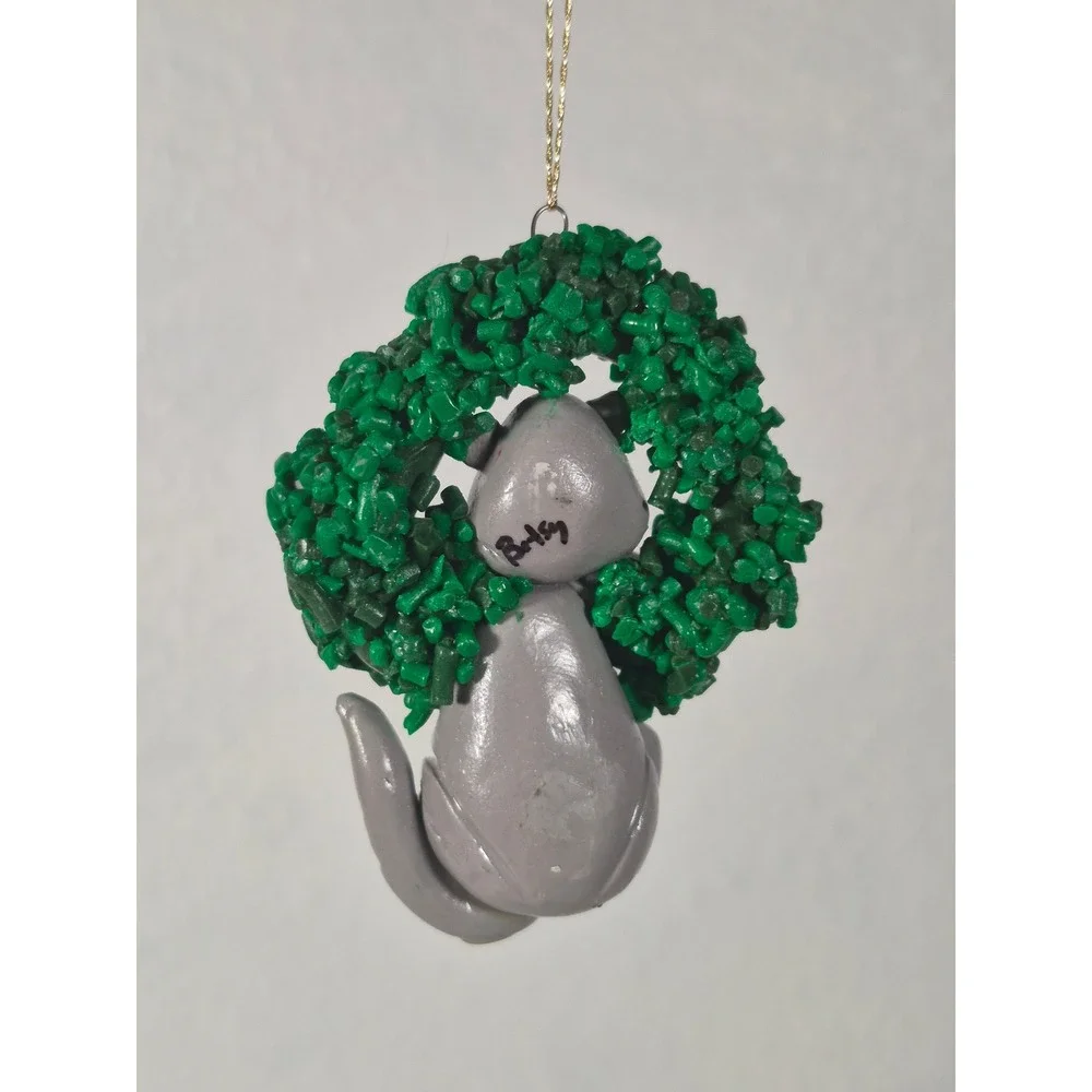 Handmade Polymer Clay Grey Cat In Christmas Wreath Ornament Signed Betsy